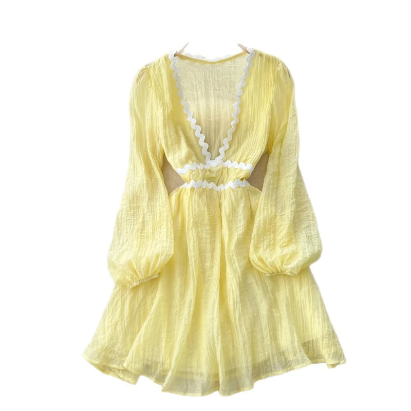 Vestido de mujer Vestidos de longitud media una línea Vestidos Y2k ropa de calle cuello en V profundo manga linterna elegante ajustado fiesta noche otoño