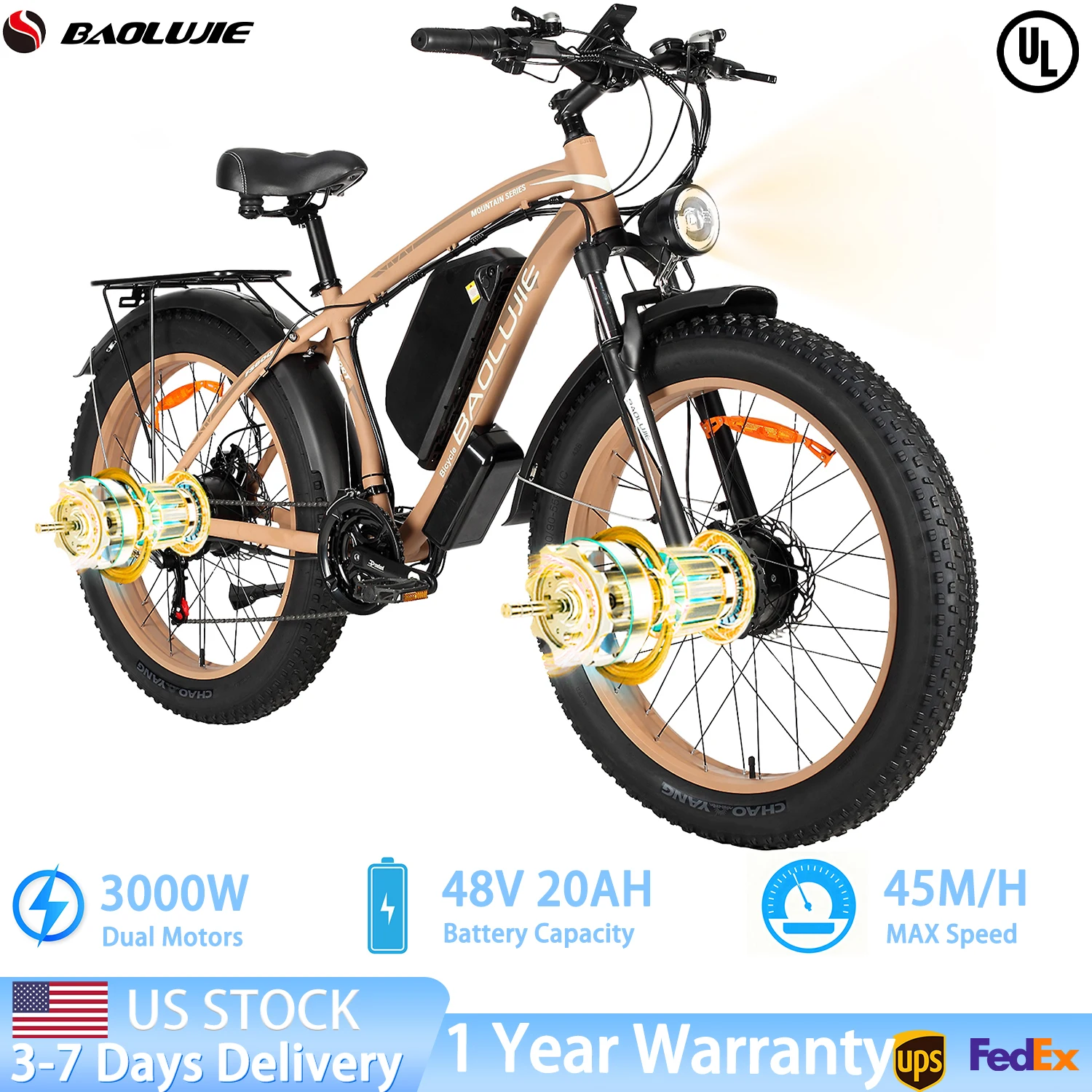 

BAOLUJIE 2602 3000W/2000W 48V 20/23AH Dual Motor Adults Electric Bike Mountain Ebike Removable Battery Hydraulic Brake UL2849
