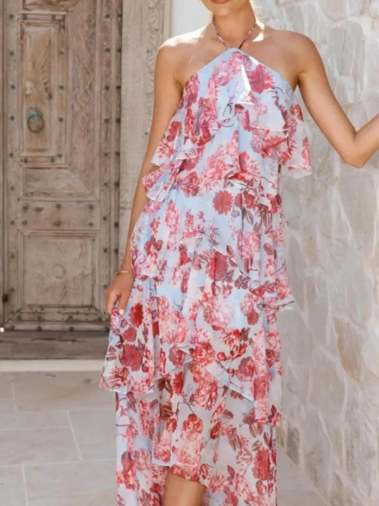 Summer Cover Ups Women Swimsuit Spaghetti Strap Robes Bathing Suit 2026 New Flower Printing Beach Holiday Maxi Dresses Cover-Up