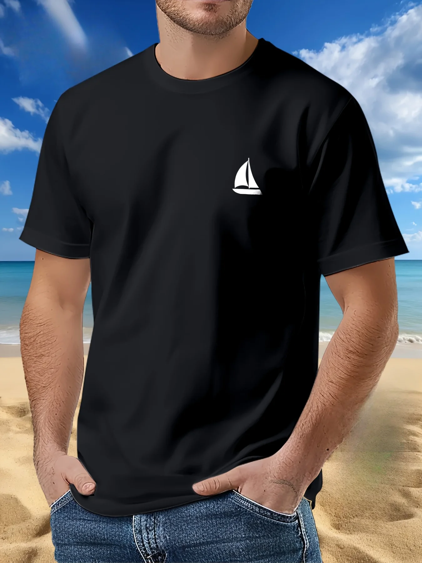 

Men's 230g 50% Cotton Sailing Graphic T-Shirt - Green Crew Neck Short Sleeve Tee with White Sailboat Print, Casual Beachwear