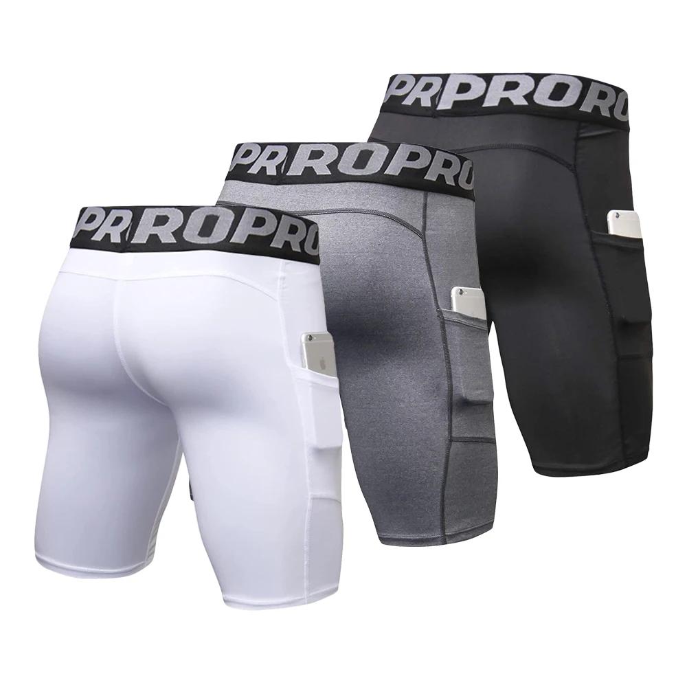 Pantalones cortos de gimnasio para hombre, mallas de compresión de entrenamiento con bolsillos, bóxer de poliéster, mallas atléticas para correr y