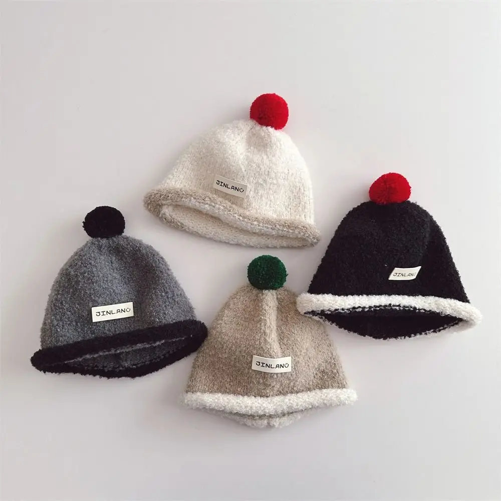 

Korean Woolen Yarn Kids Pullover Cap Cute Plush Ball Solid Color Baby Knit Hat Outdoor Crochet Bonnet 1-4Y