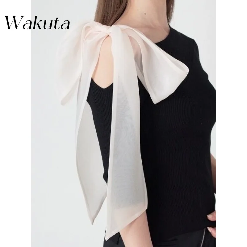 

WAKUTA Japanese Sweet Round Neck Bow Single Shoulder Sleeves Knit Elegant Ladies Slim Fit Solid Tanks Poleras De Invierno Mujer