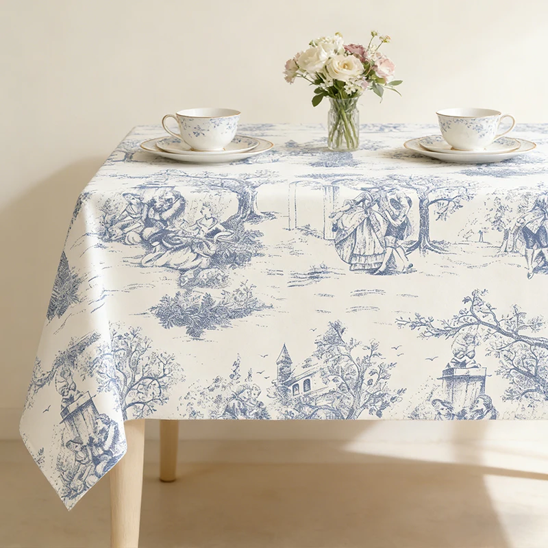 

Blue Printed Tablecloth Classic French Village Rustic Table Cover Rectangle Oblong Tabletop for Kitchen & Dining Room Home Decor