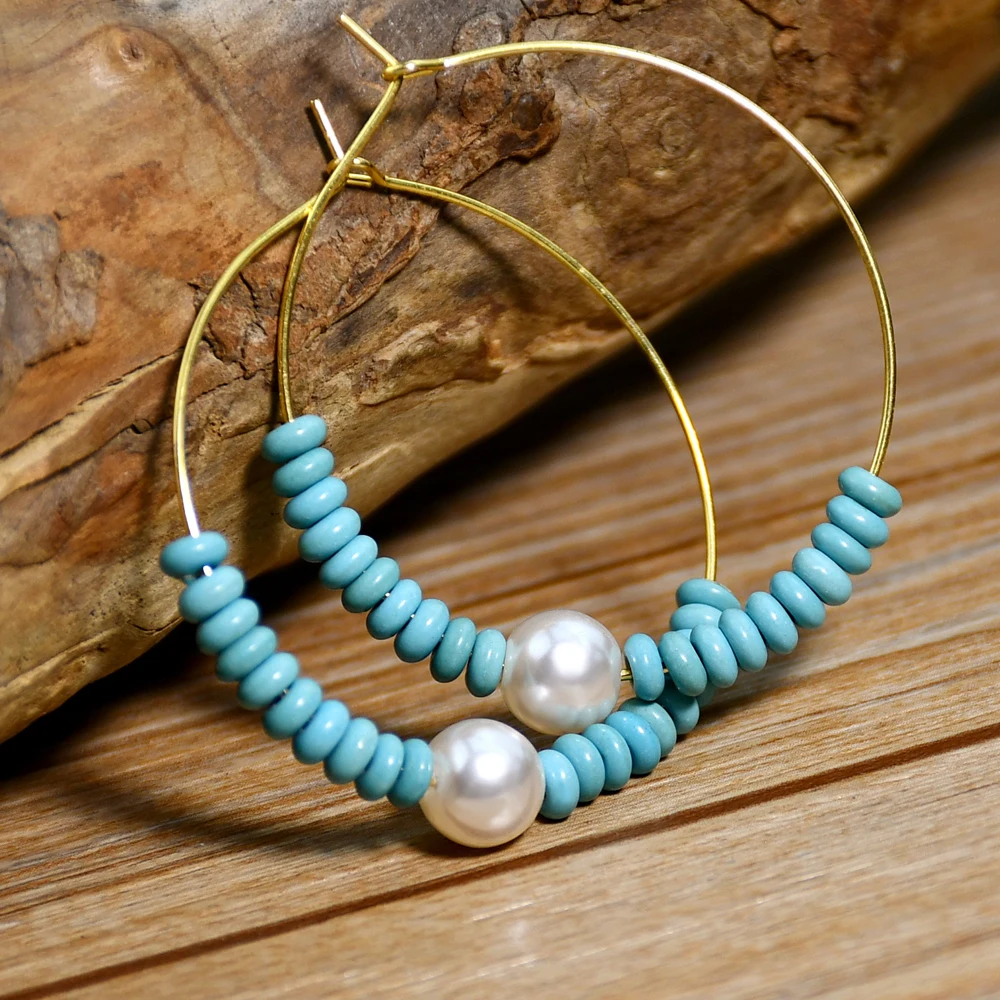 Vintage Turquoise Beaded Hoop Earrings Women Fashion 40mm Golden Ear Hoops Glass Imitation Pearl Jewelry