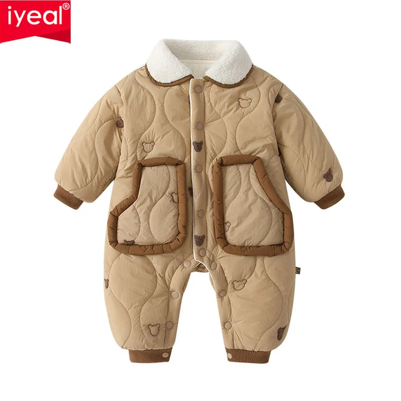 IYEAL Winter Toddler Warm Fleece Thickened Jumpsuit Kids Overalls Baby Girls Boys Hooded Jumpsuit For Newborn Rompers