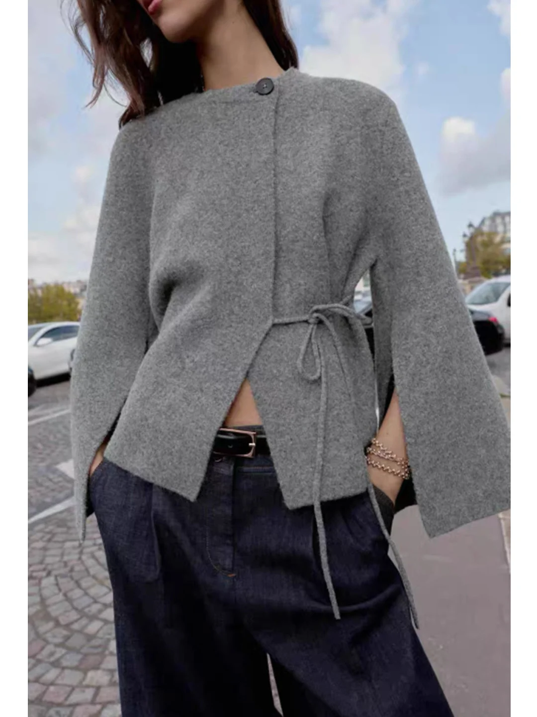 New Autumn Winter Women's Knitted Coat Double Lapel Design round Ne Sve Slit Loose Fit Commute Sle Long Sve Coat