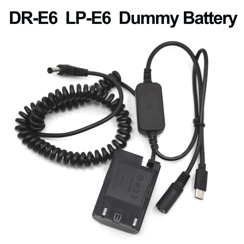 

USB C Charging Cable LP E6 Dummy Battery DR-E6 DC Coupler Spring Cable for Canon EOS 5DII 5DS 60Da 6D 7D R6 80D 90D Camera