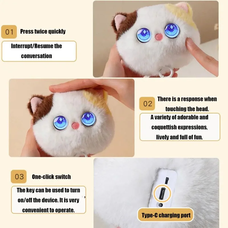 AI Smart Cats Plushies Keychain Pendants Emotional Eyes Talking Cute Kittens Charms Elf Interactive Companions Adorable Fluffy