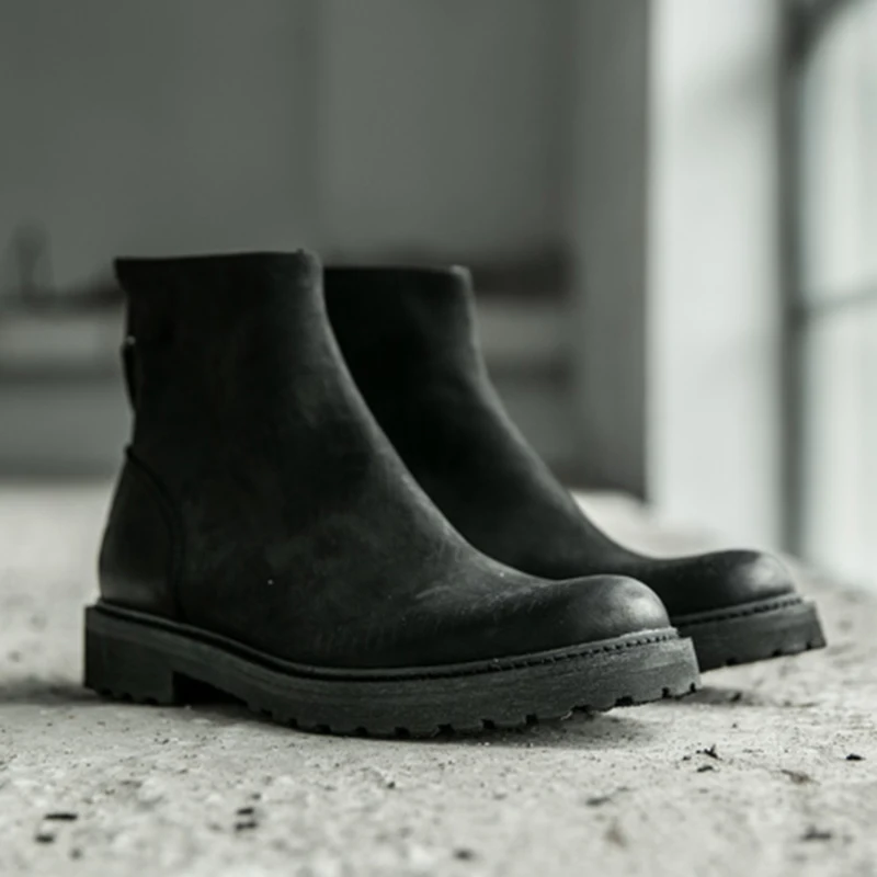 

Men's Chelsea Boots Genuine Leather oes Mid-Calf round Toe American Retro Cowboy Sle Motorcycle Trending Zipper