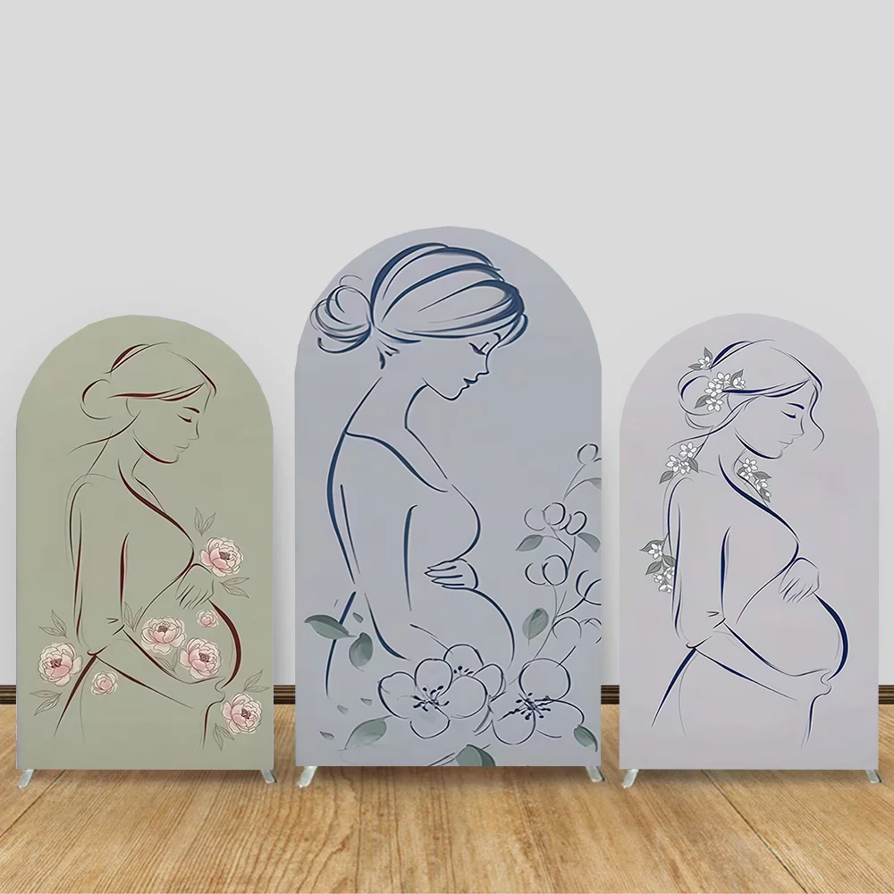 

Beige Pregnant Silhouette Arched Cover Custom 2-sided Background Baby Shower Birthday Boho Rainbow Decor Photo Backdrop