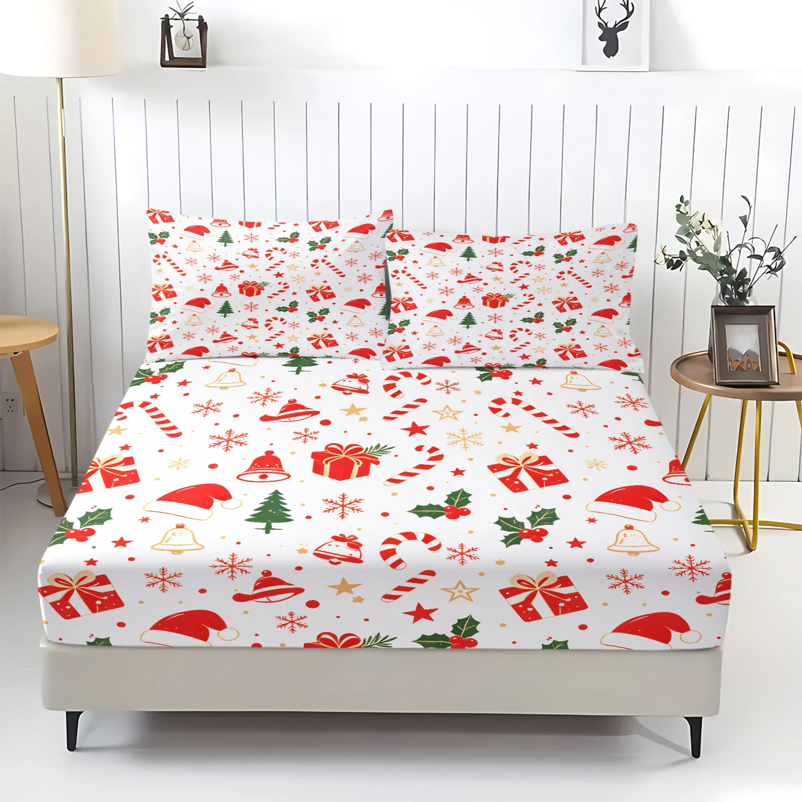 Christmas Fitted Sheet Set Santa Hat Candy Cane Gift Box Bell Print Elastic Mattress Cover With Pillowcases Xmas Holiday Bedding