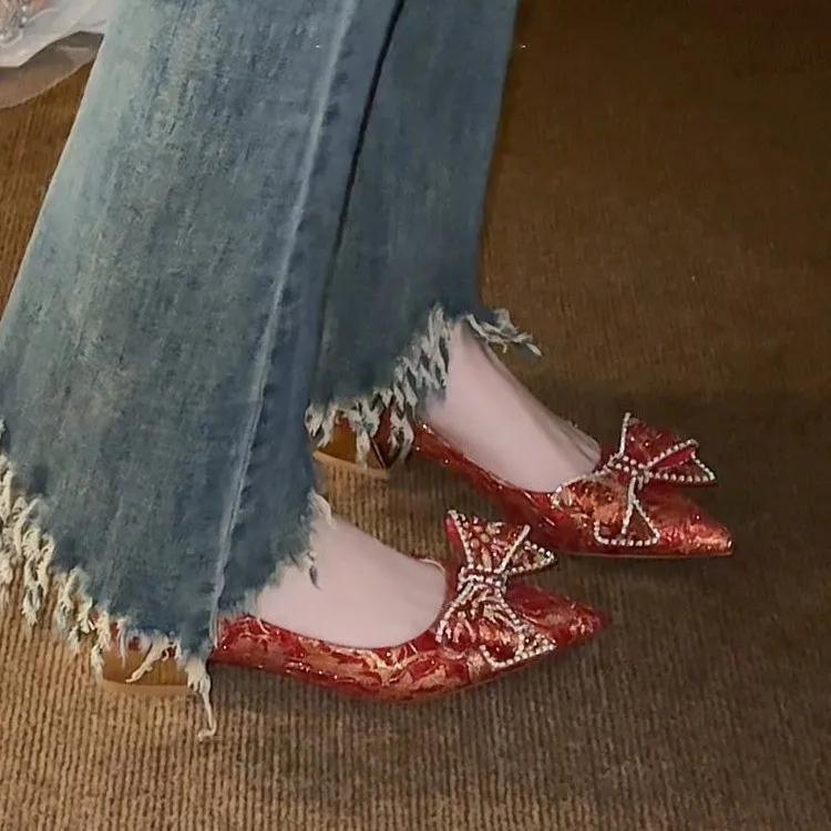 Rotes Xiuhé-Kleid Kristall-Hochzeitskleid High Heels, Zweiseitige Hochzeitsschuhe für Damen, 2026 Neue Schmetterlingsschleife Blockabsatz-Schuhe