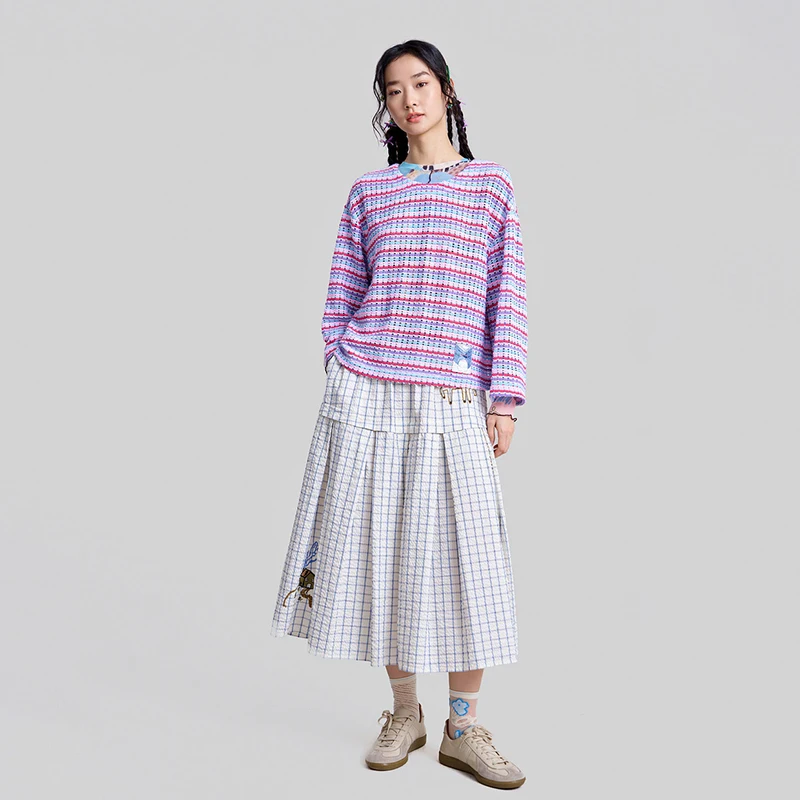 MOVEUP Colorful Striped T-Shirt 2026 Spring New Crew Neck Cat Woven Label Women's Tees Commuter Knit Tops For Women 3ELC10575