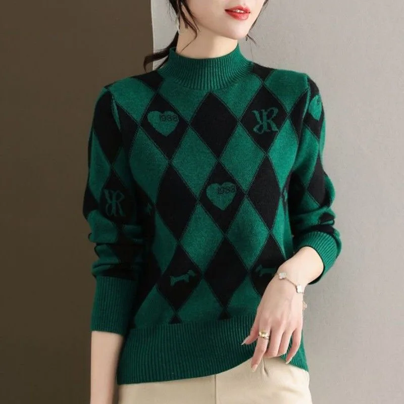 New Autumn and Winter Fashion Retro Half High Neck Colorblock Print Loose Versatile Slim Middle Aged Mom Long Sleeve Sweater