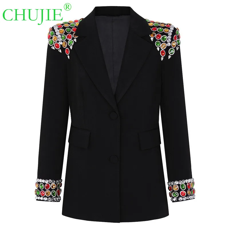 

CHUJIE 2025 Spring Autumn New European / American Style Heavy - Industry Beaded Gem - Inlaid OL Commuting Top Blazer For Women