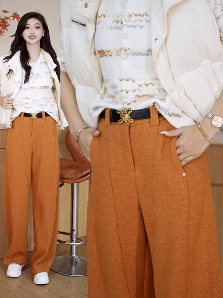 Calças de Lã de Cintura Alta com Pernas Largas para Mulheres, Novo Estilo Outono Inverno, Calças Casuais com Caimento Elegante