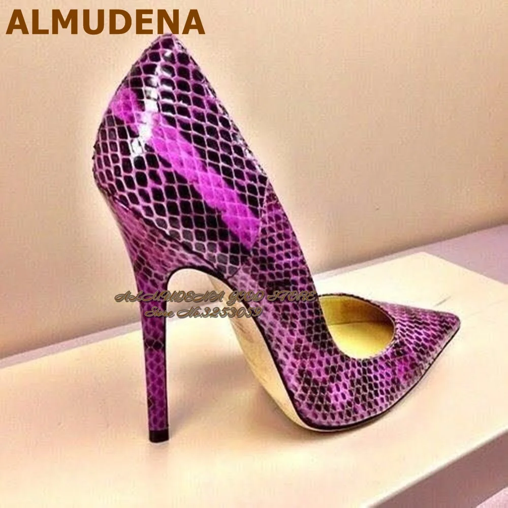 ALMUDENA Purple Turquoise Sexy Snakeskin High Heel Shoes 12cm 10cm 8cm Stiletto Heels Pointed Toe Pumps Python Shallow Heels