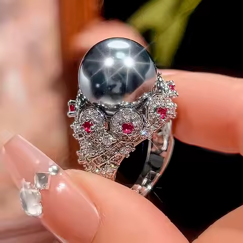 Adjustable 14mm Round Pearl Ring with Ruby Zircon Silver Plated Vintage Statement Ring for Women Elegant Party Wedding Jewelry