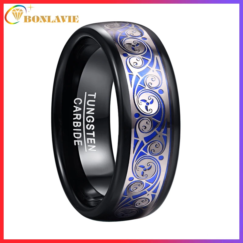 BONLAVIE Men's 8mm Tungsten Carbide Ring with Blue Background Triple Spiral Pattern Inlaid Tungsten Ring