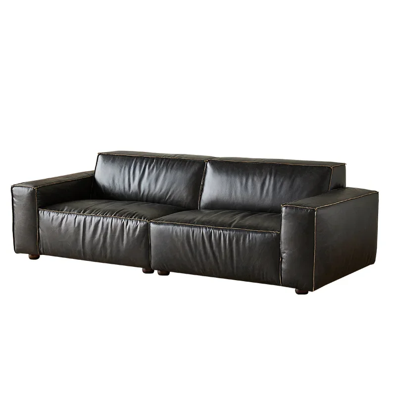 

American retro oil wax leather sofa living room Italian minimalist small apartment light luxury black straight row tofu sofa