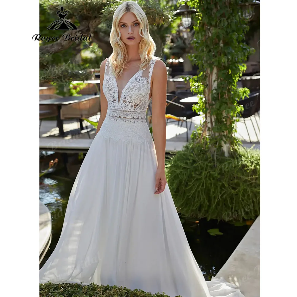 Deep V Lace Bodice Chiffon A Line Wedding Dress Cutout Open Back Court Train Sleeveless Flowy Bridal Gown For Garden Customized