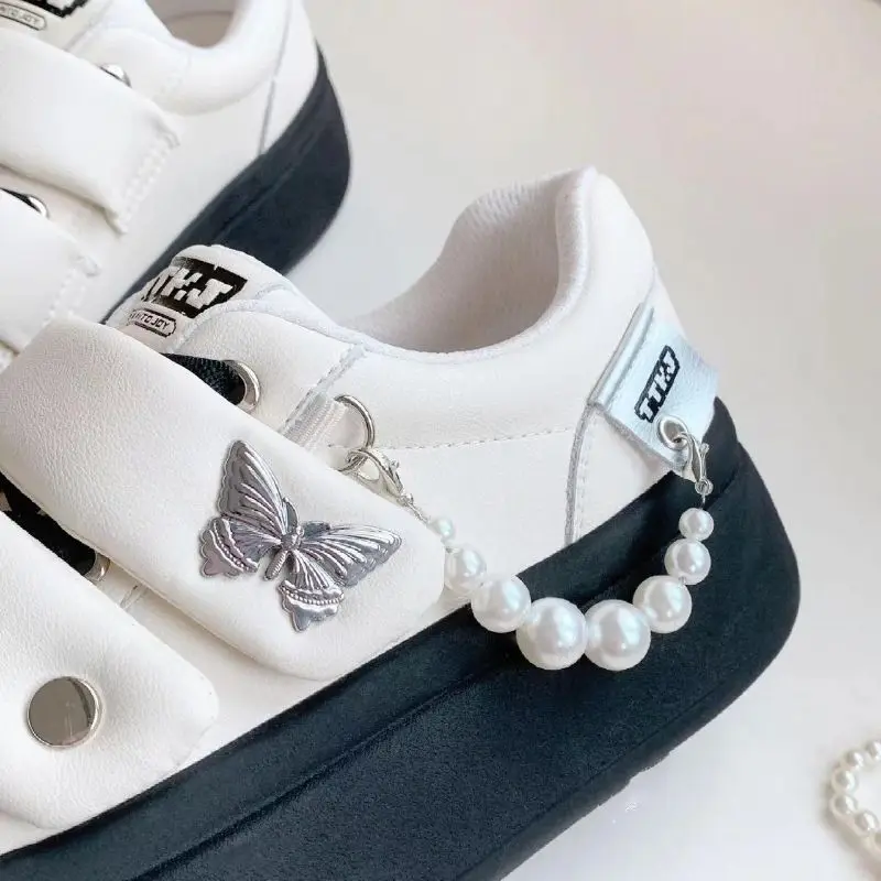 SHANPA Butterfly Platform Shoes for Women College Style Versatile Breathable Casual Shoes Velcro Pearl Pendant Womens Sneakers