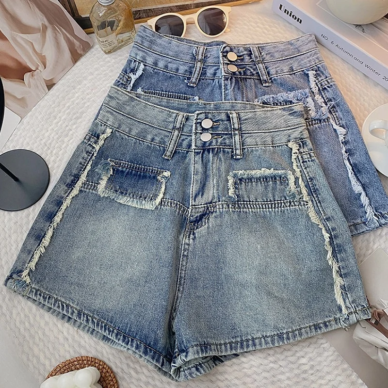 

Джинсовые брюки трапециевидной формы в стиле ретро с высокой талией, женские летние брюки 2024, модные свободные широкие шорты из смеси хлопка и полиэстера, синие