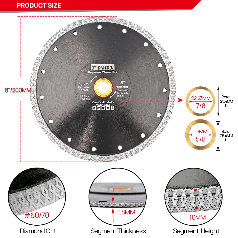 DT-DIATOOL-1pc Dia 8inches 200mm Saw Blades Diamond Cutting Disc for Porcelain Ceramic Tile Marble Saw Unit Cutting Disc