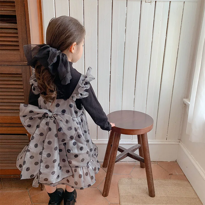 

Girls' Spring New Fashionable Long Sleeve Black Dress Children's Polka Dot Skirt Baby Outfit Dress
