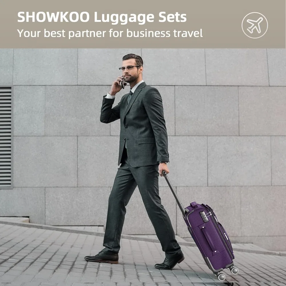 SHOWKOO Luggage Sets 3 Piece Softside Expandable Lightweight Durable Suitcase Sets Double Spinner Wheels