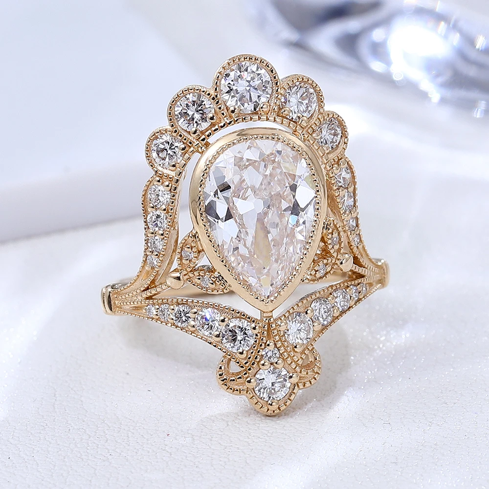 

Provence Luxury Crown Ring 14KGold 2ct Pear Cut IGI E/VS1 Lab Diamond Women's Wedding vintage style Earring Fine jewelry Custom
