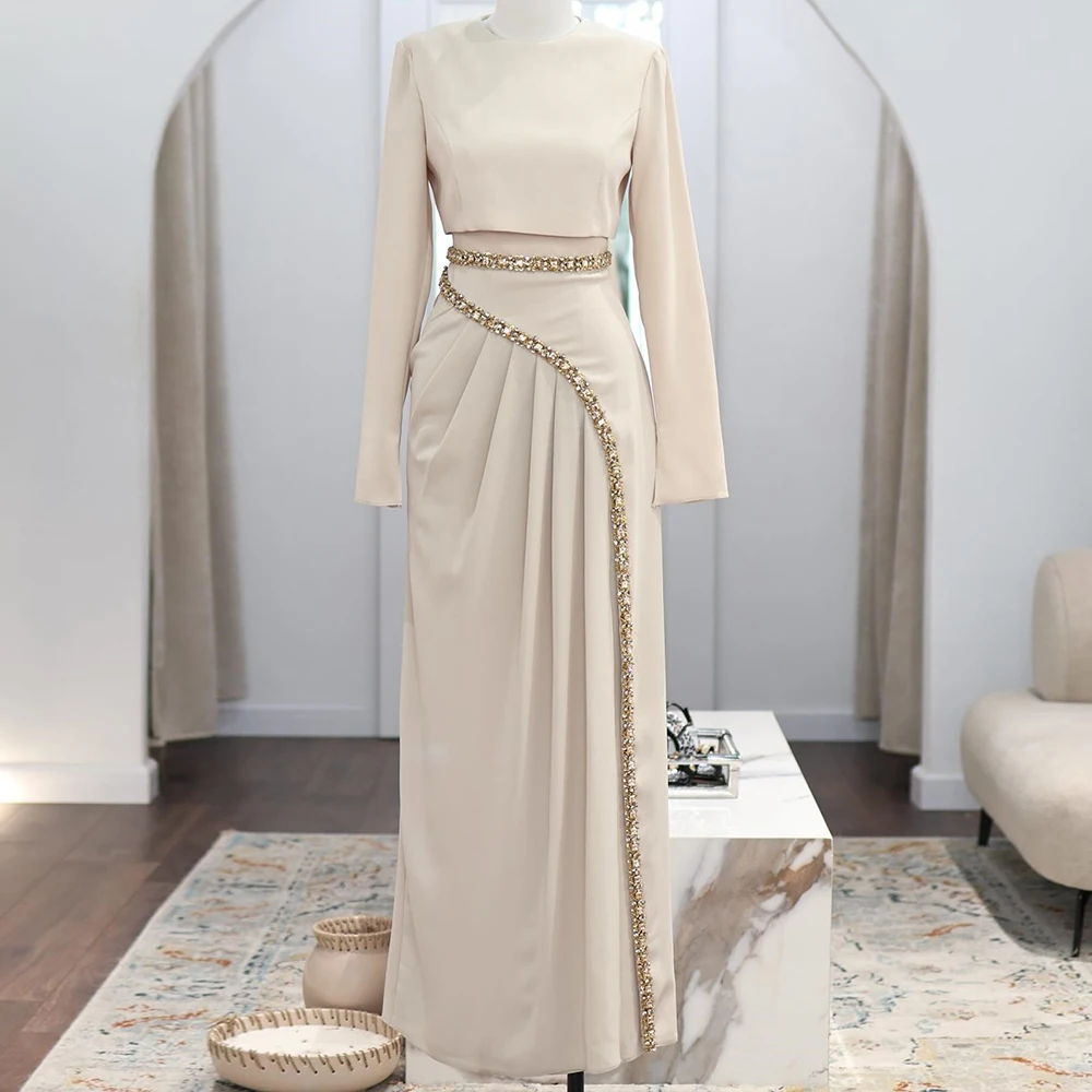 

Customized A-line Evening Dresses Floor-length O-neck Full Sleeve Prom Gown Fashion Crystal Pleat Simple Draped Party Gown