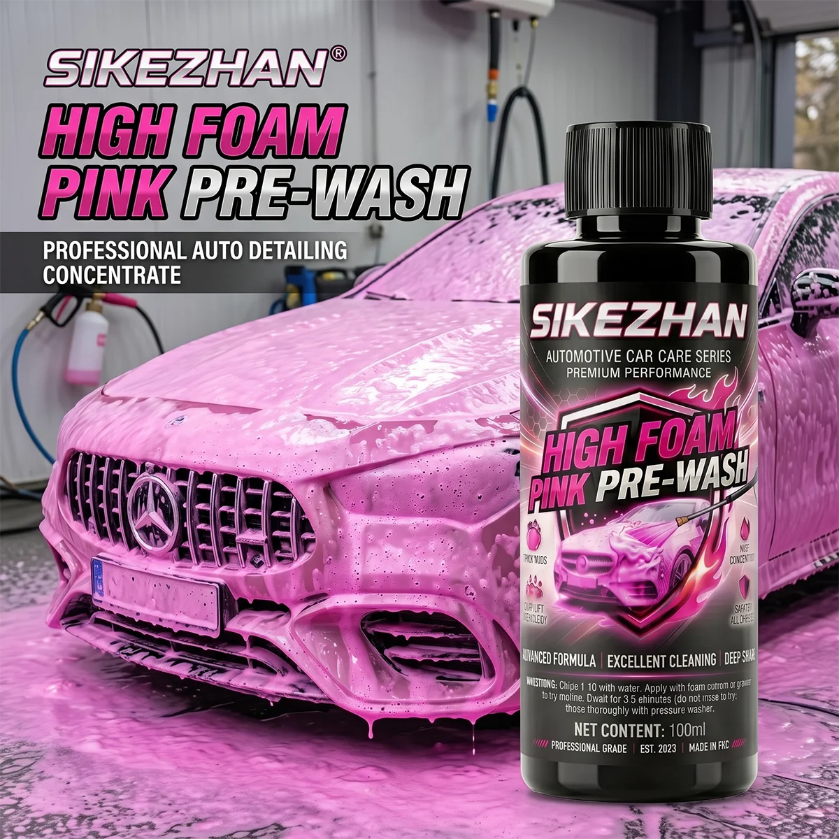 SIKEZHAN Concentrated Car Wash Soap with Carnauba Wax, Streak-Free Ultra-Foaming Pink Shampoo for Premium Vehicle Detailing