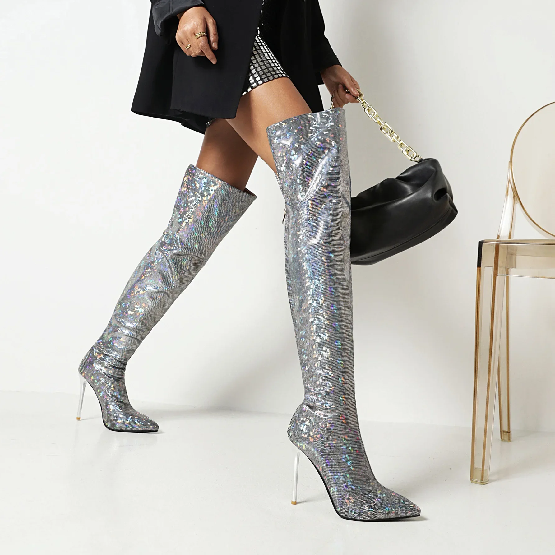 

Ladies Pointed Bling Diamond Thigh Boots Rhinestone Boots Printed Retro Over The Knee Boots Transparent Stiletto High Heels Size