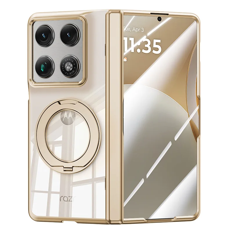 Capa de PC transparente eletroplaqueada brilhante para Magsafe para Motorola RAZR Fold com suporte de anel 360, capa de dobradiça, protetor de vidro HD anti-espião 9H
