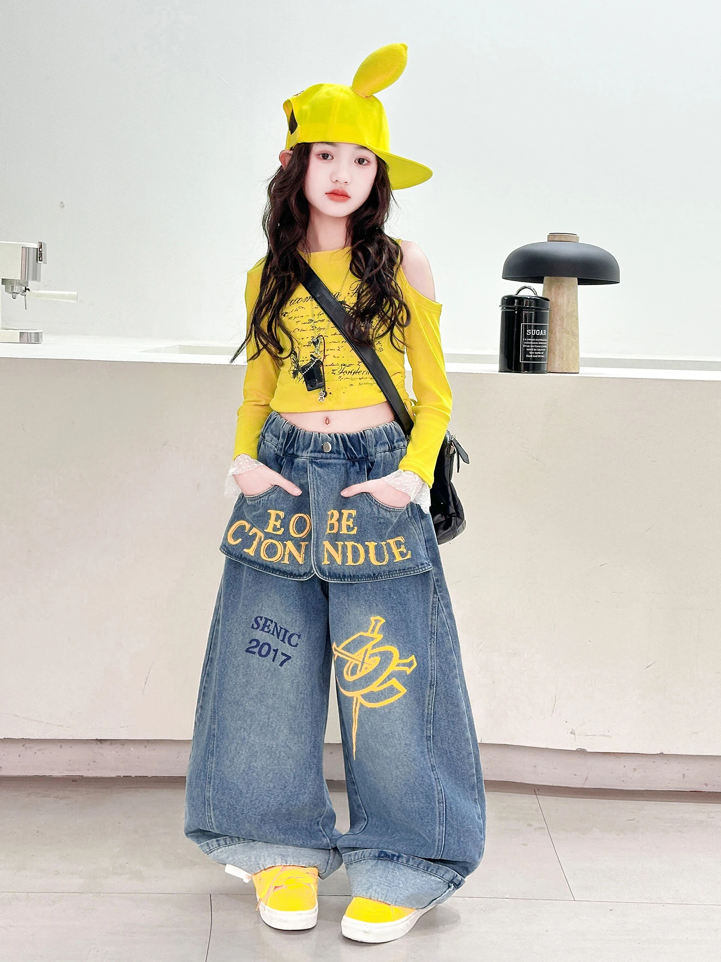 

Girls Casual Spring Faion Set Long Sve Denim Pants Two Piece Suit High Waist Loose Fit Comfortable Children's Wear