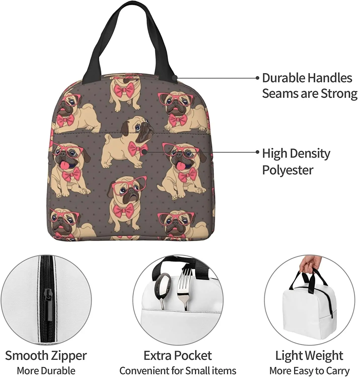 Cartoon Pug Puppy Lunch Box For Girls Insulated Cute Lunch Bag School Lunch Bags Reusable Lunchboxes Snack Bag For Boys Work