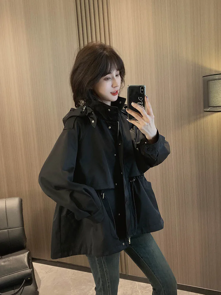 

Женская повседневная куртка-ветровка цвета хаки с капюшоном, утягивающая талию, весна-осень, новая модель, верхняя одежда, все размеры