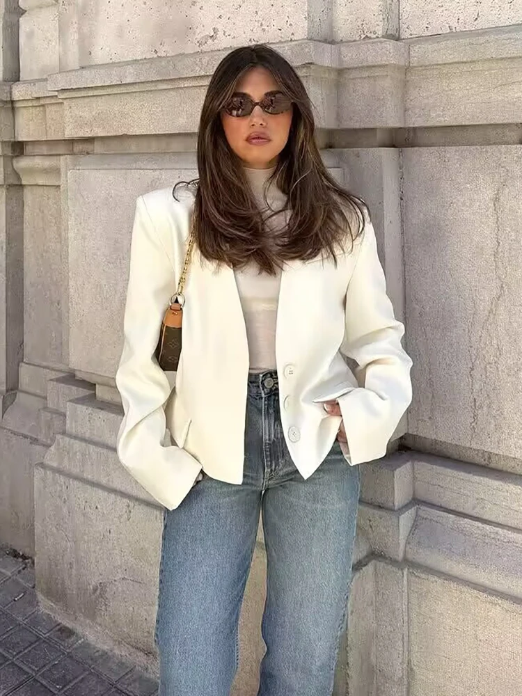 Vintage Women White Casual Blazer Jackets 2025 Fashion Ladies Elegant V Neck Suits for Female Chic Clothes Outfits Cute Tops