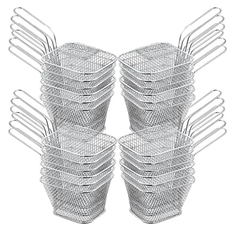 24Pcs Mini Square Fry Basket Stainless Steel French Fry Holder Deep Fry Basket Mesh Food Basket with Handles(Silver)