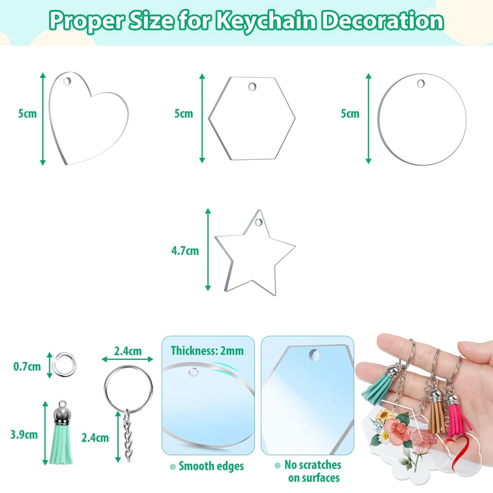 330pcs Acrylic Keychain Blanks 4 Shapes Clear Acrylic Blanks for vinyl bulk Key Chain Tassels Chain Rings for DIY Keychain