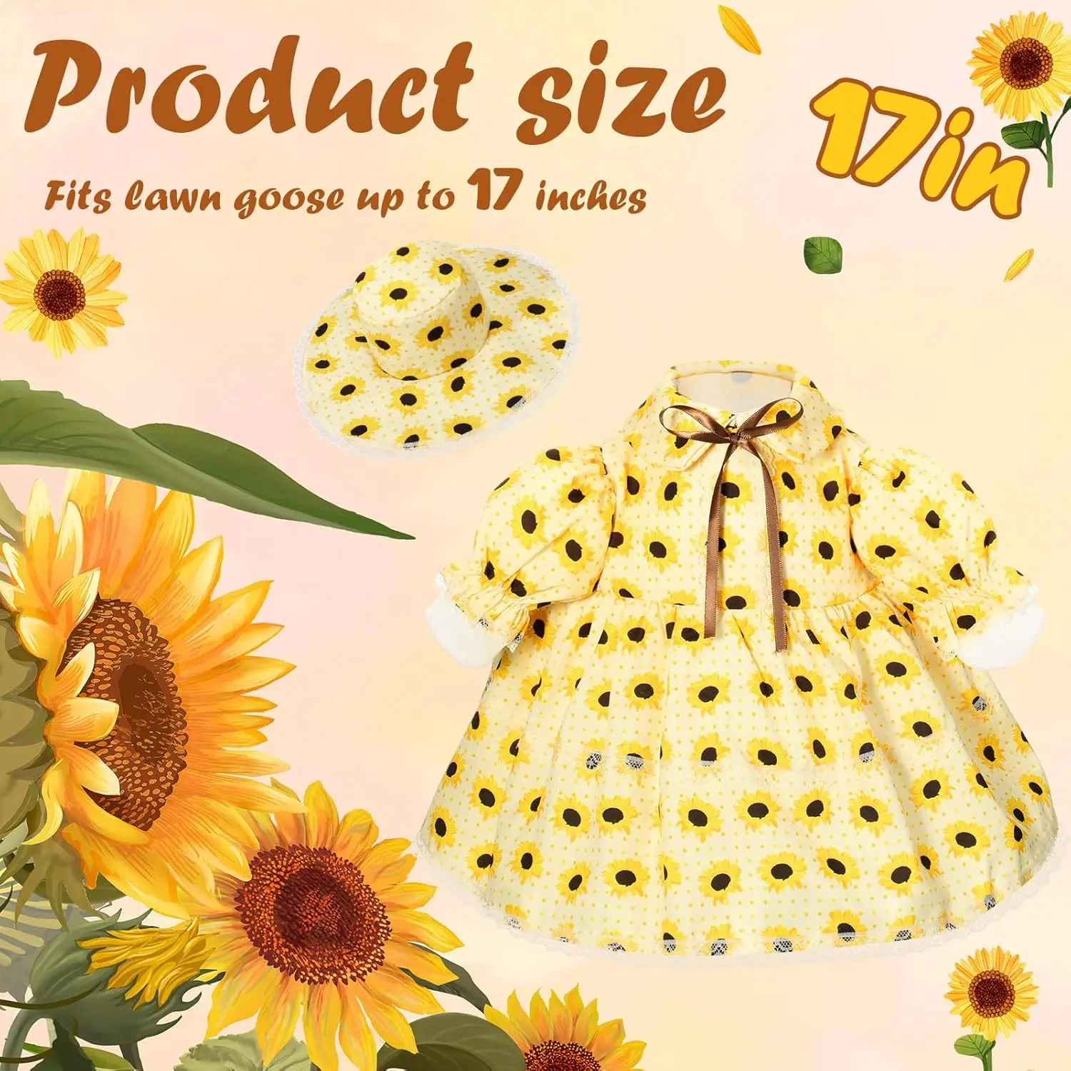Sunflower-Themed Goose Costume, Yellow Sunflower Pattern Summer Dress with Lace And Sun Hat, Suitable for 23-Inch Goose Statue for Decorative Goose Statue, Yard Art Decoration view 2