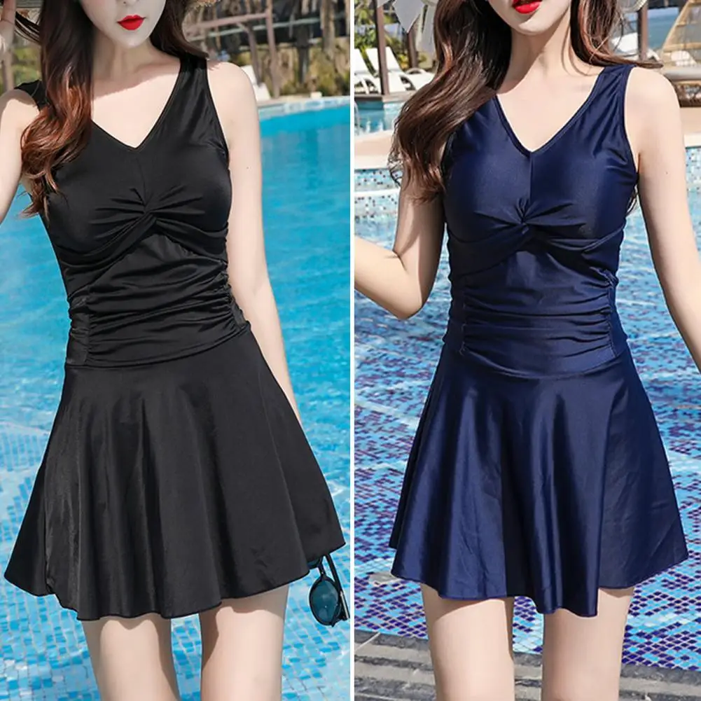 

Women Swimwear Deep V Neck Anti-exposure Summer Wireless Pleated Swimsuit for Swimming