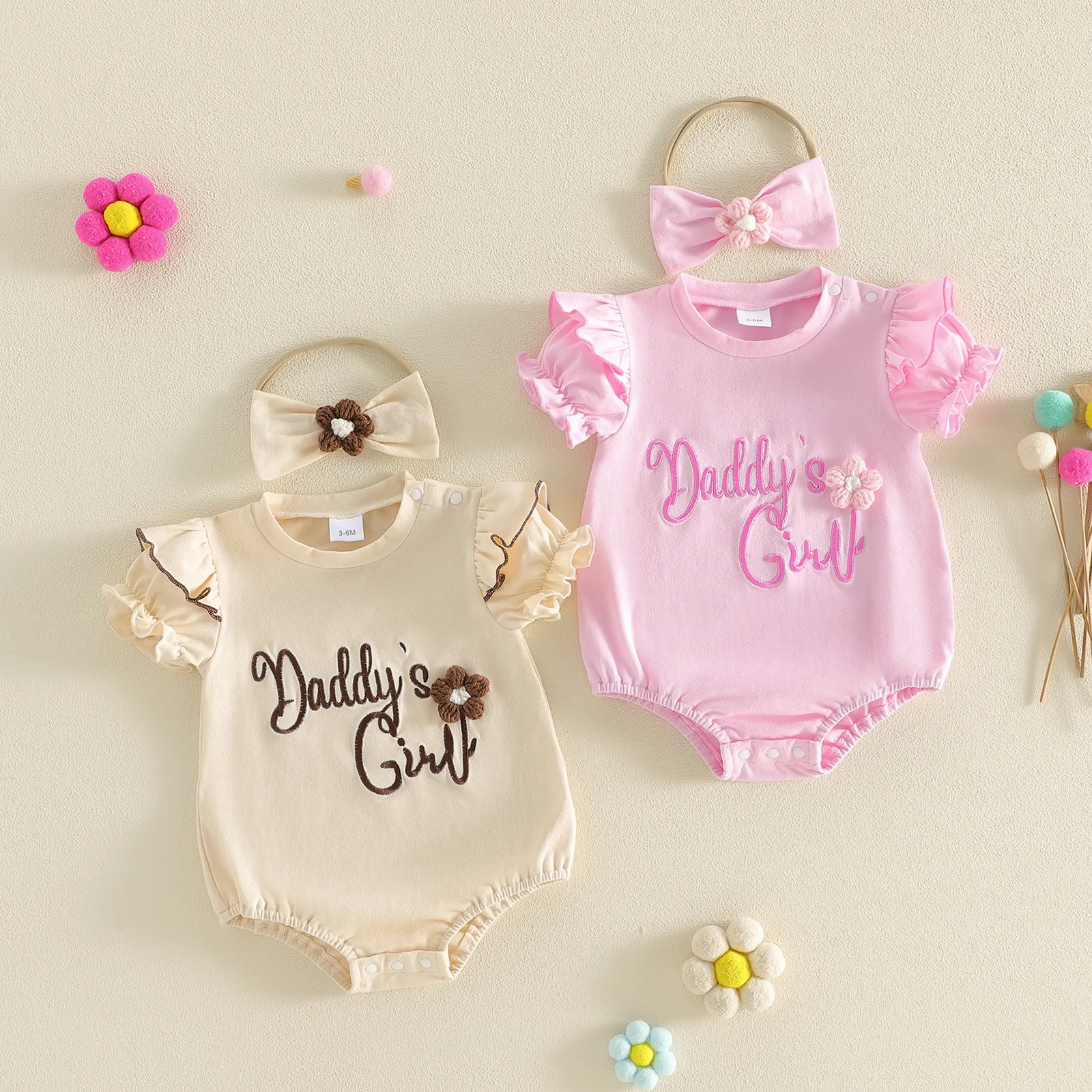 Sommer-Strampler für Babys, Mädchen, niedlicher Kurzarm-Strampler mit Buchstaben-Stickerei, Blumen-Dekor, Bodysuit mit Stirnband