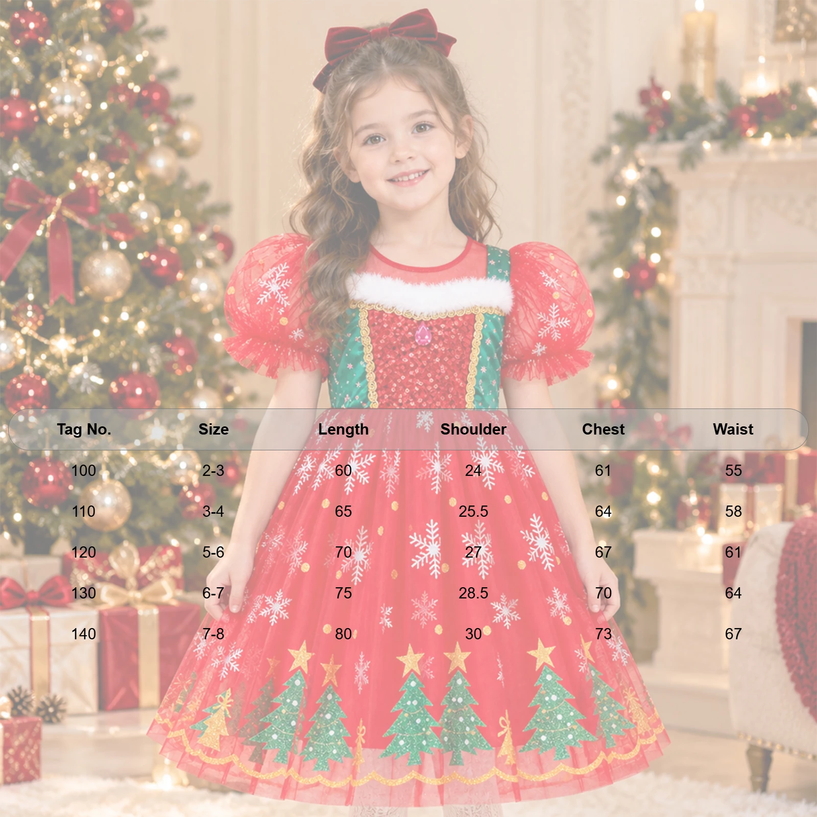 Kids Girls Christmas Costume Short Puff Sleeve Sequin Bow Snowflake Tree Printed Tulle Tutu Dress for Xmas Event Performance 6