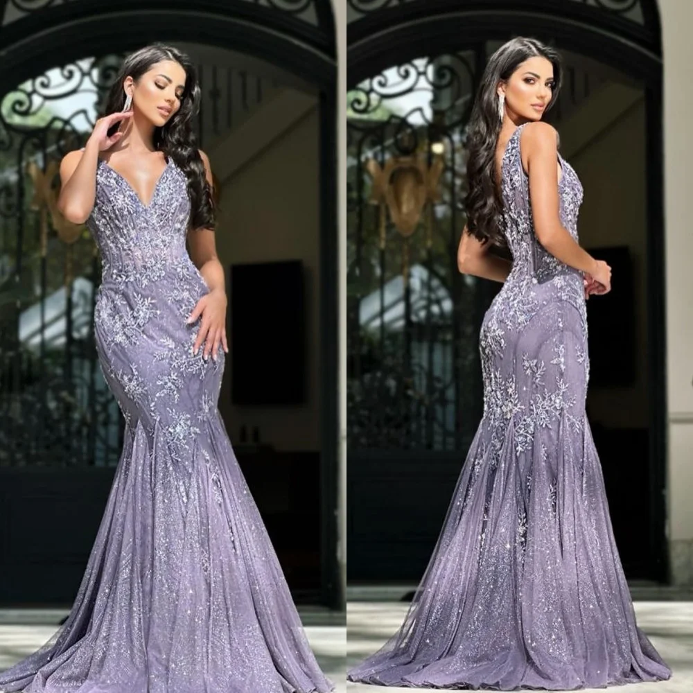 Customized Jiayigong   Sparkle Spaghetti Mermaid Floor Length es Applique Tulle Customized