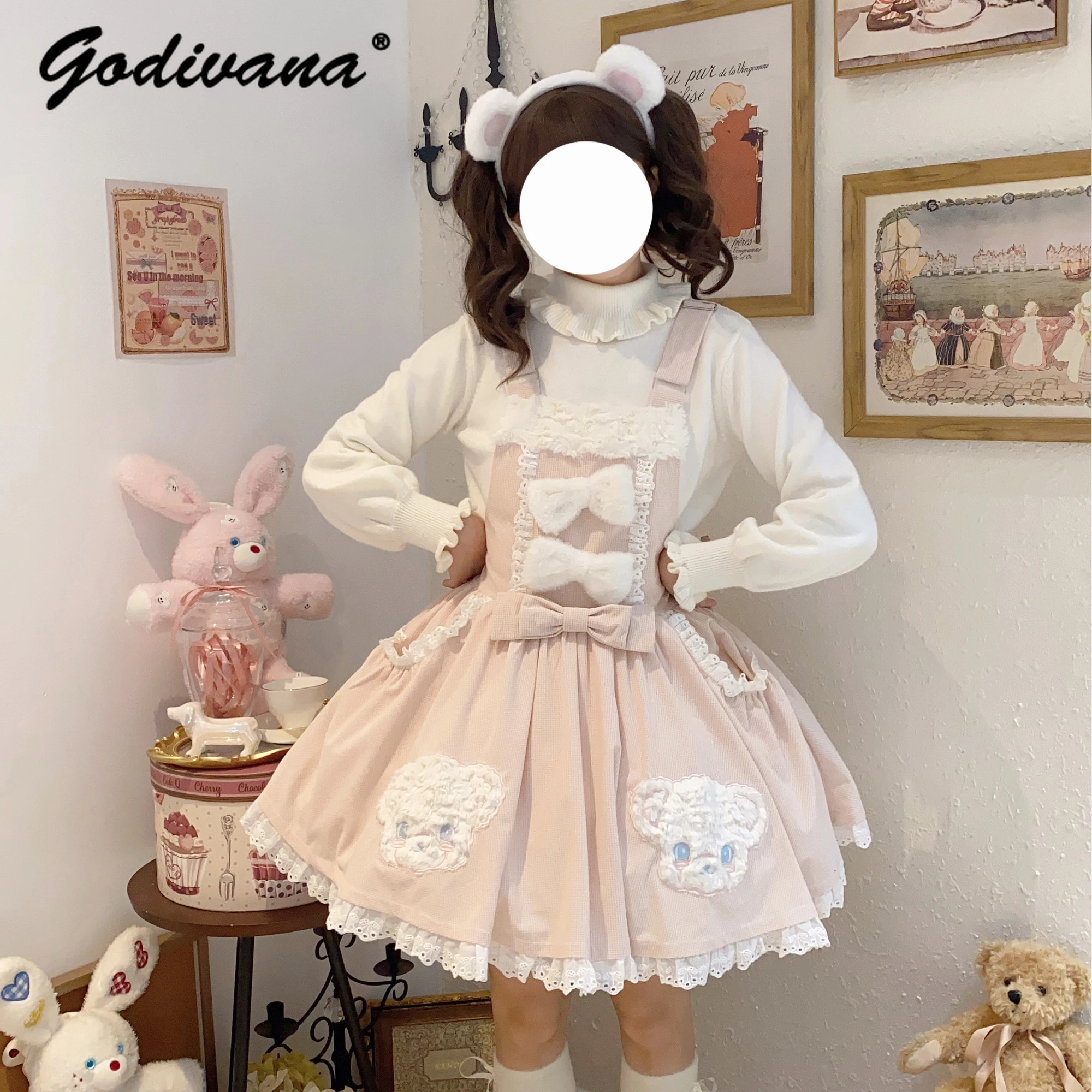 2025 جديد الأصلي لوليتا الأشرطة فستان الخريف والشتاء أفخم القوس حزام لطيف الحلو الدب ملصق المطرزة الحمالات فستان #5