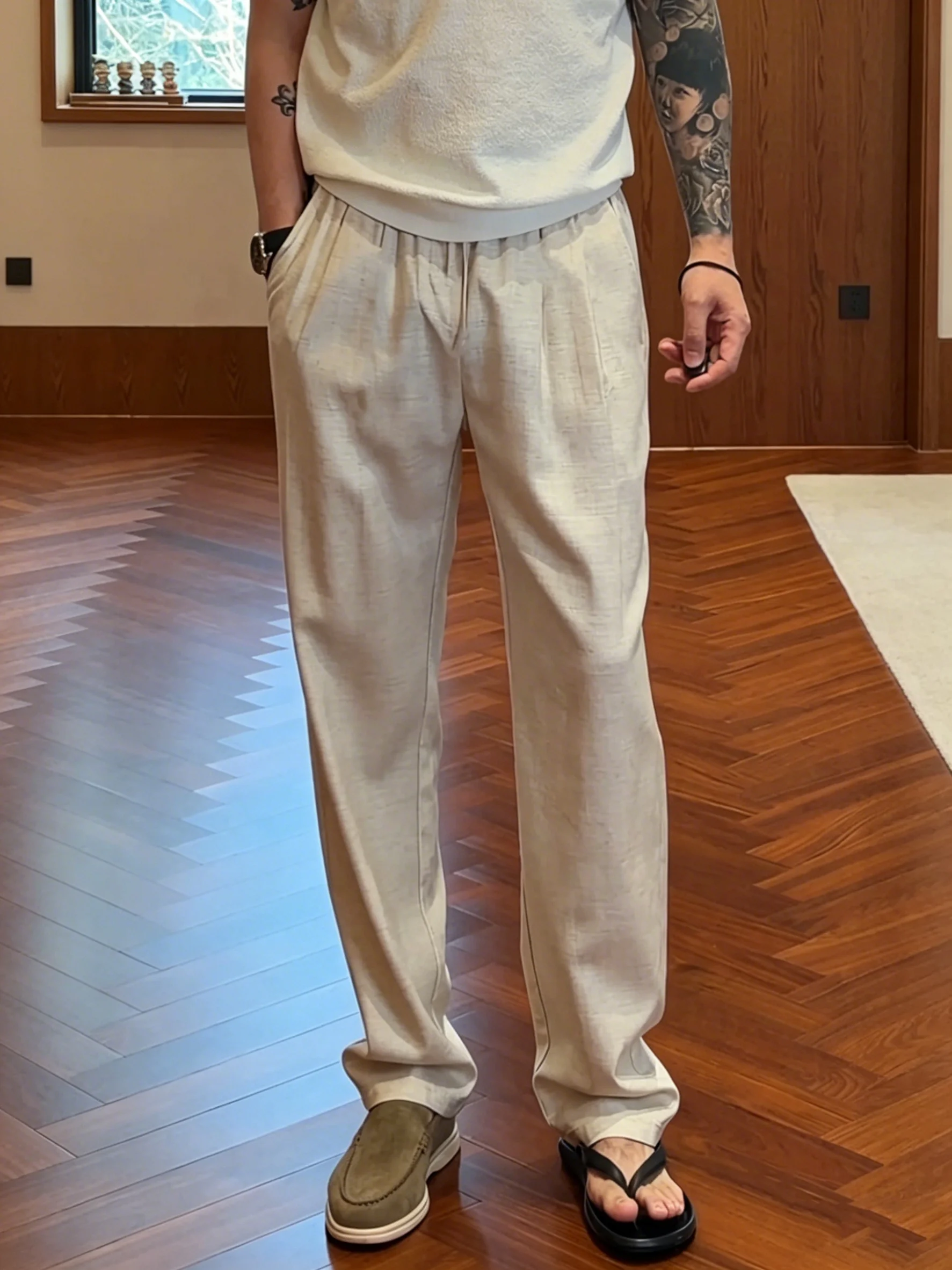 

Lightweight Breathable Linen Straight Leg Casual Pants Men Summer Slimming Comfortable Loose Fit Plain Color