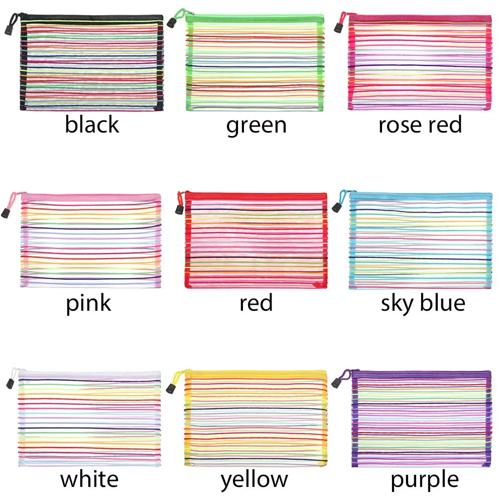 1pc Solid Color Handbags Cosmetic Stationery Makeup Nylon Mesh Pen Bag Zipper Pencil Case Grid Cosmetic Storage